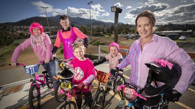 Pedal4Pink Southern City BMX fundraiser for Tasmania Cancer Council, Kristy Holzner, Tylah-J Speakman- Smith 17, Arden castle 7, Max Holzner 6 and Marsha Garwood at Berriedale.