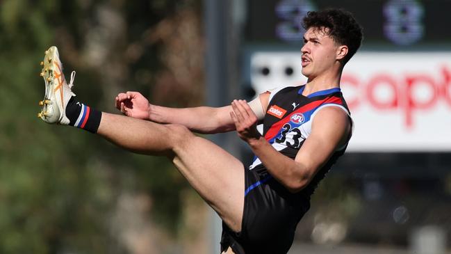 MELBOURNE, AUSTRALIA - MAY 12: Keighton Matofai-Forbes of the Jets kicks a goal during the 2024 Coates Talent League Boys Round 07 match between Western Jets and Eastern Ranges at Avalon Airport Oval on May 12, 2024 in Melbourne, Australia. (Photo by Scott Sidley/AFL Photos)