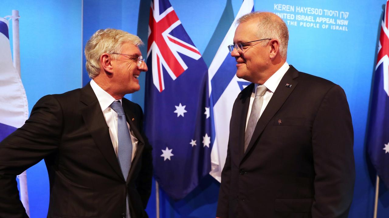 Prime Minister Scott Morrison with Steven Lowy, who both spoke at the United Israel Appeal dinner at Royal Randwick Racecourse in Sydney. Picture: Adam Taylor/PMO