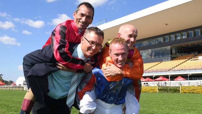 Jockeys Robbie Fradd (left) and Jeff Lloyd (right) have piggybacked on the success of Cameron Partington and Jim Byrne. Picture: Natasha Wood, Trackside Photography