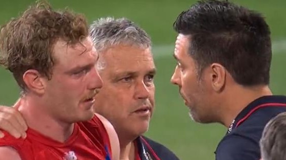 Harry Petty was emotional at the three quarter-time siren. Picture: Channel 7.