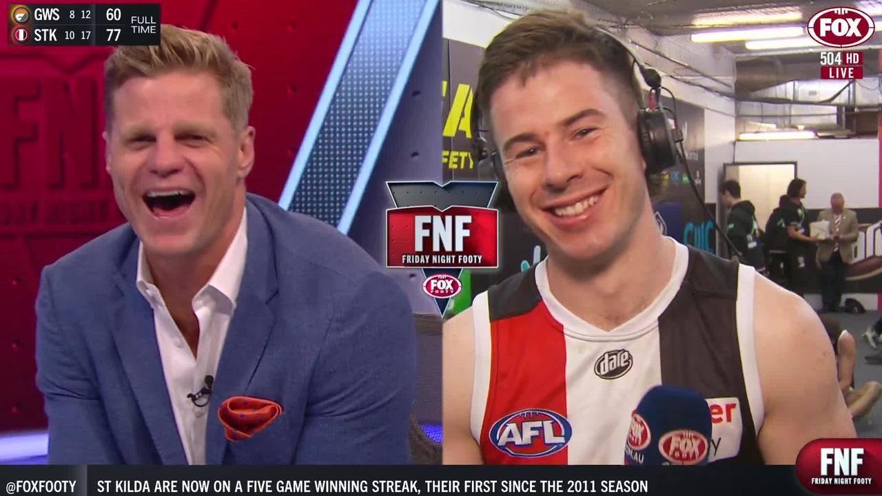 Jack Higgins shared a laugh with critic Nick Riewoldt.