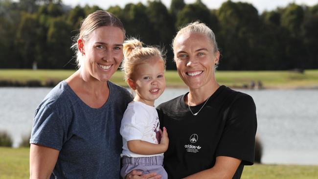 Matildas star Tameka Yallop on the Gold Coast with her family, Kirsty Yallop (left) and daughter Harley in 2023. Picture Glenn Hampson