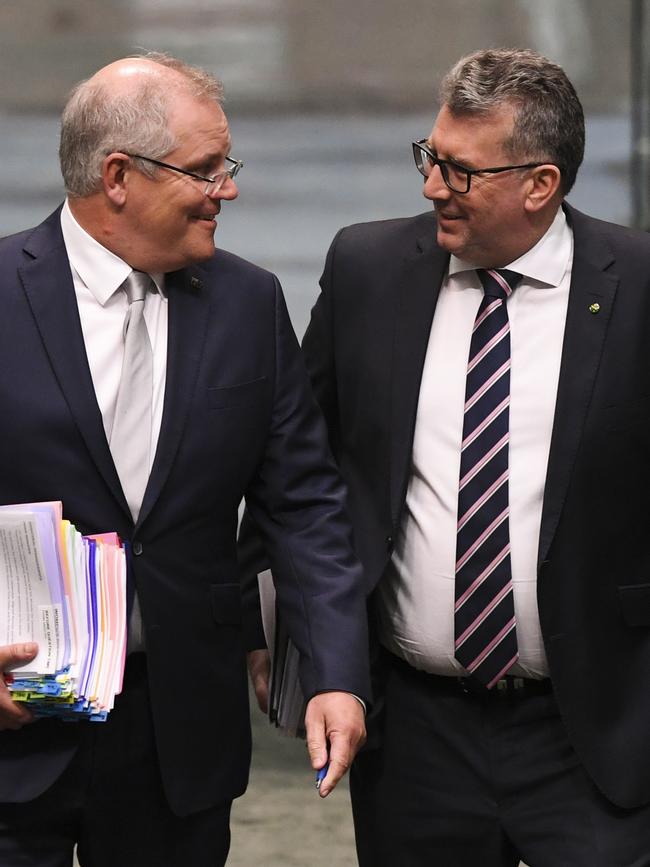 Scott Morrison (left) chats with then resources Minister Keith Pitt at Parliament House in Canberra in 2020. Picture: File