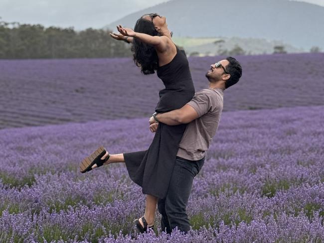 Supuni Jayathma Pathiranawasam and Ranuka Yasas Ipalawatta amongst the lavender at Bridestowe Lavender Estate.  Bridestowe Lavender Estate in full bloom.  Picture: Supuni Jayathma Pathiranawasam***ONE TIME USE ONLY***