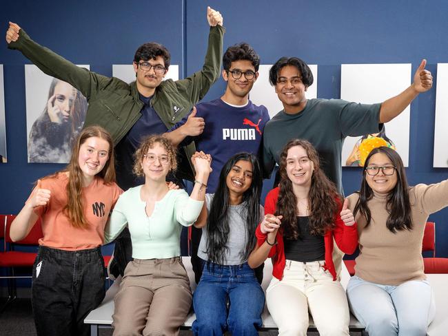 MELBOURNE, DECEMBER 12, 2022: Some of the top achieving VCE students at Glen Waverley Secondary College. At rear L to R Russhil Khurana, Dhruv Gore, Yathavan Thaveesan, at front L to R Brooke Ellis, Mariam Dawood, Mary Nikesh, Madeleine Dawood, Ching Sao. Picture: Mark Stewart