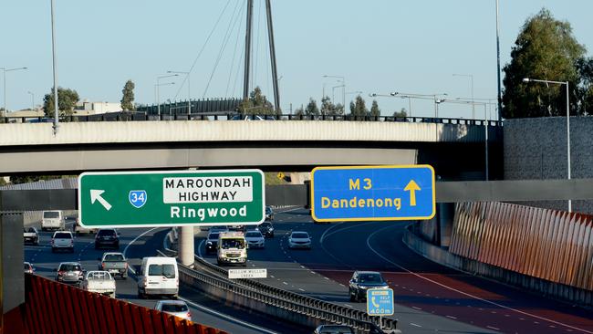 The Ringwood end of EastLink has a series of pedestrian bridges and billboards.