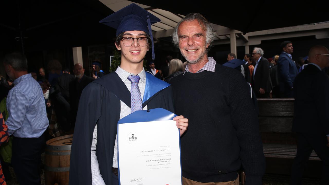 Edwin and Samuel Cox at Deakin University post-graduation celebrations on Friday afternoon. Picture: Alan Barber