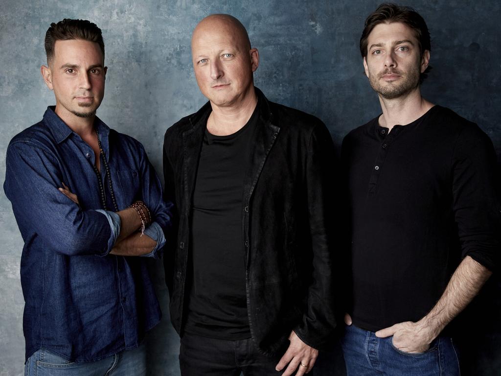 Wade Robson, director Dan Reed and James Safechuck. Picture: AP