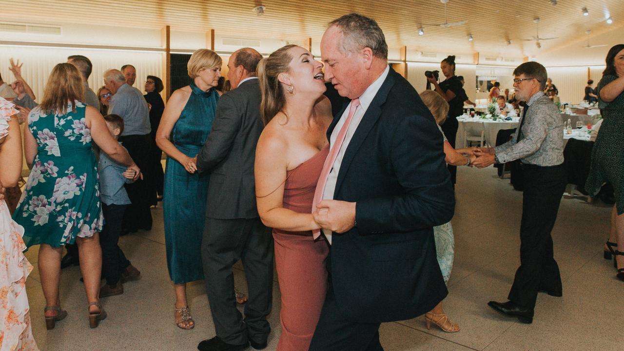 Barnaby Joyce and Vikki Campion at the wedding of William and Megan Rollo at Hamilton Island on May 1. Picture: Simon Hutchen