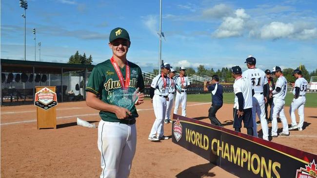 Mackay softballer Riley James when he played for Australia at the Junior Men's Softball World Championship in Canada.