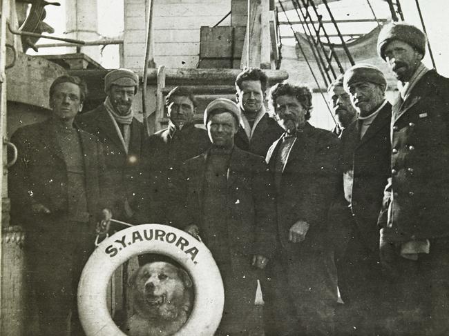 Rescued party including Keith Jack, far left, with Shackleton, second from right, aboard the Aurora in 1917. From State Library Victoria's Andrew Keith Jack collection.