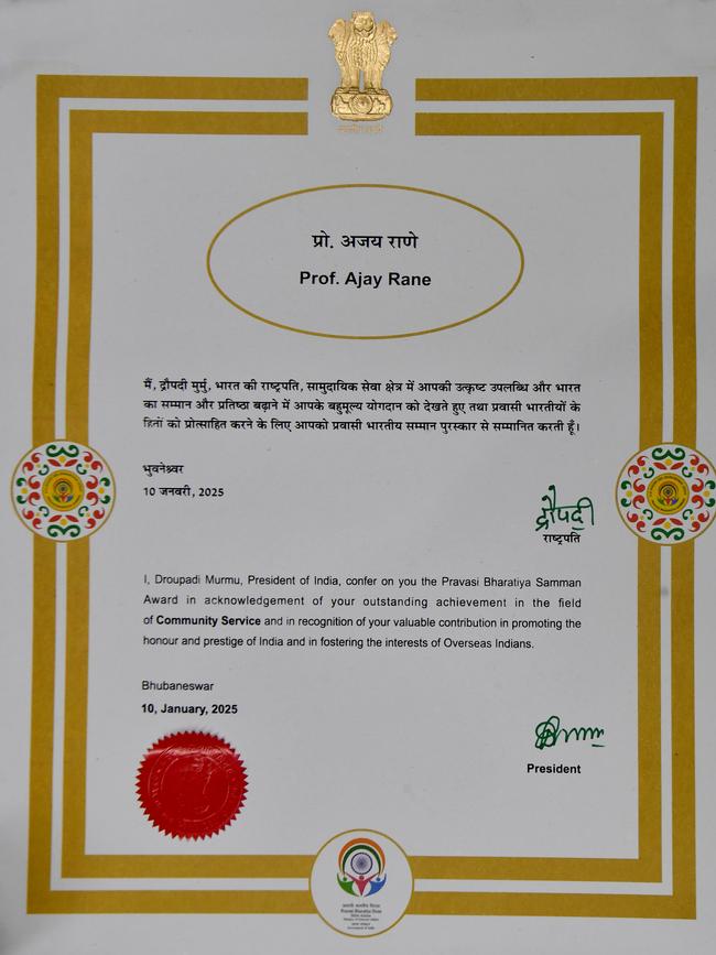 Professor Ajay Rane’s Pravasi Bharatiya Samman Award.