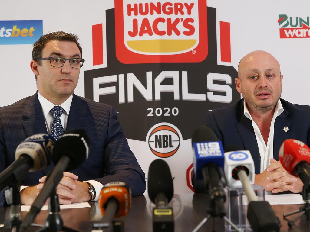 NBL commissioner Jeremy Loeliger and NBL owner and executive chairman Larry Kestelman have many options on the table when it comes to restarting the NBL season. Picture: AAP Image/David Crosling