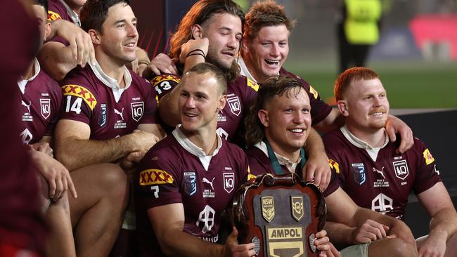 Daly Cherry-Evans and the Maroons celebrate after winning the 2023 series 2-1. Picture: Mark Kolbe/Getty Images