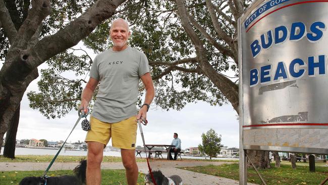 Residents of Budds Beach are calling for the area to be its own suburb. Local Ian Maynard and his dogs Ollie and Enzie. Picture Glenn Hampson