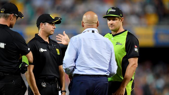 Shane Watson (R) discussed the farcical blackout at the Gabba with match officials last month. Picture: AAP