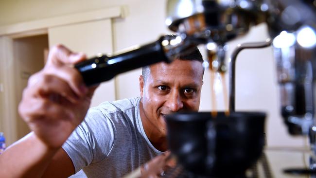 Suresh Meyer, a former barista makes a coffee at home. Picture Mark Brake