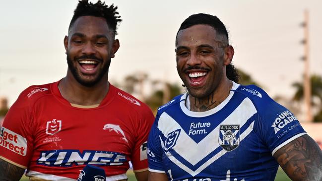 BUNDABERG, AUSTRALIA - AUGUST 17:  Hamiso Tabuai-Fidow of the Dolphins and Josh Addo-Carr of the Bulldogs in a post match interview after the round 24 NRL match between Canterbury Bulldogs and Dolphins at Salter Oval, on August 17, 2024, in Bundaberg, Australia. (Photo by Emily Barker/Getty Images)