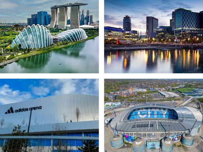 (Clockwise from top left) SEQ mayors visited Singapore's Gardens By The Bay, Manchester's MediaCity and SportCity, as well as Adidas stadium in Paris.