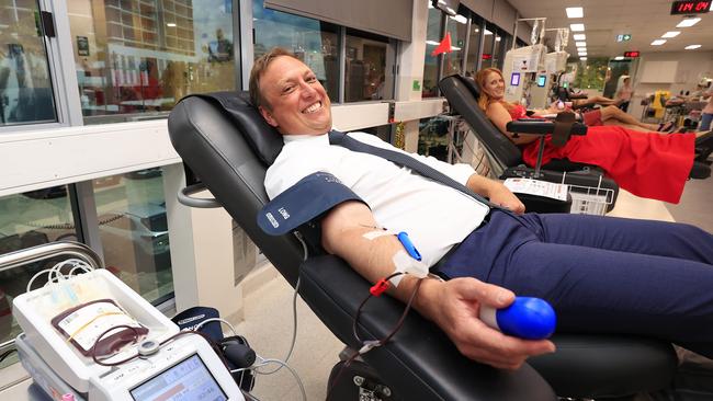 Premier Steven Miles gives blood on Friday as Labor’s internal polling gives his campaign a shot in the arm, and shows the race is tightening. Picture: Adam Head