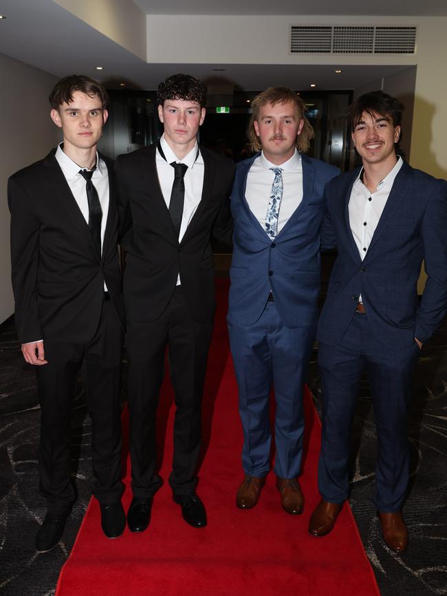 MELBOURNE, AUSTRALIA – JUNE 14 2024 Lachie Nelson, Harry Gallagher, Zach Daley and Daniel Edebohls attend the Lowanna College Senior Formal 2024 at the Moe Racing Club Picture: Brendan Beckett