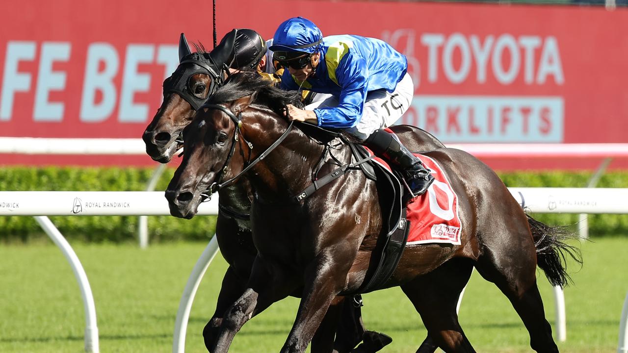 Royal Patronage wins the Group 1 Canterbury Stakes following a battle with Here To Shock. Picture: Jeremy Ng/Getty Images