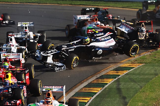 Bruno Senna's race didn't last past the first corner, getting into this big bingle. (Photo by Mark Thompson/Getty Images)