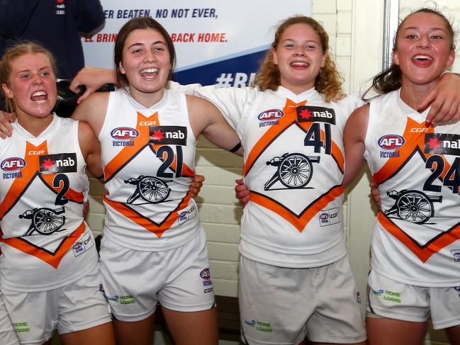 MELBOURNE, AUSTRALIA - MAY 18: Calder Cannons sing the team song after their victory during the NAB League Girls Preliminary Final match between the Geelong Falcons and the Calder Cannons at Shepley Oval on May 18, 2019 in Melbourne, Australia. (Photo by Kelly Defina/AFL Photos/Getty Images)