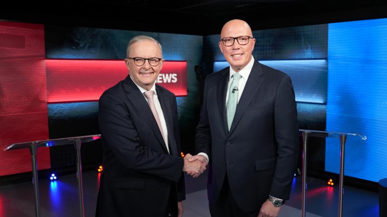 Prime Minister Anthony Albanese and Opposition Leader Peter Dutton debate at the ABC’s Parramatta studio in Western Sydney on April 16, 2025. Picture: Matt Roberts