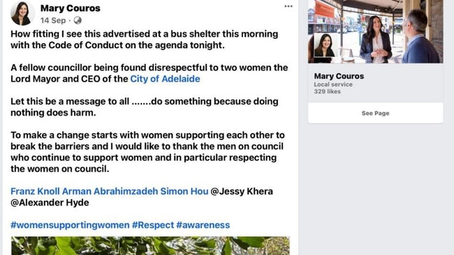 The Facebook post by Adelaide City councillor Mary Couros. Picture: Facebook