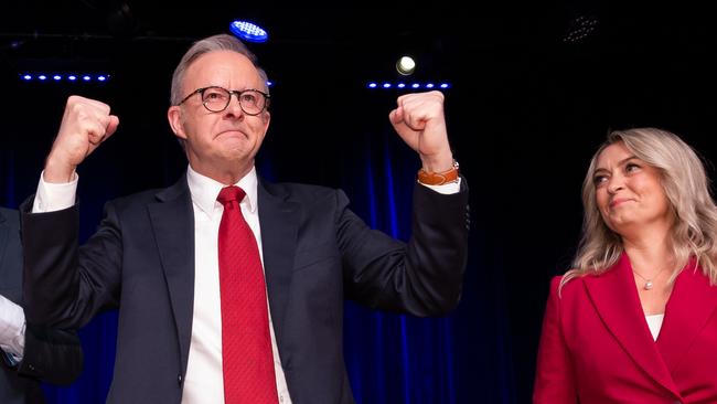 NCA 2025 FEDERAL ELECTION BUS. 3/05/2025 Australian Labor Prime Minister Anthony Albanese In Sydney NSW on federal election night function held at Canterbury Hurlstone Park RSL Club. Australian Labor Prime Minister Anthony Albanese with Jodie Haydon and Nathan Alabense.Picture: Jason Edwards / NewsWire