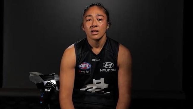 Vescio during her emotional video where the co-Carlton captain reveals how tough it was to tell friends and family they were non-binary.