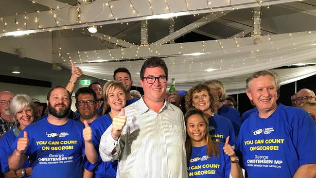 Dawson MP George Christensen celebrates his 2019 Federal Election win with his fiancee April, family, friends and supporters.