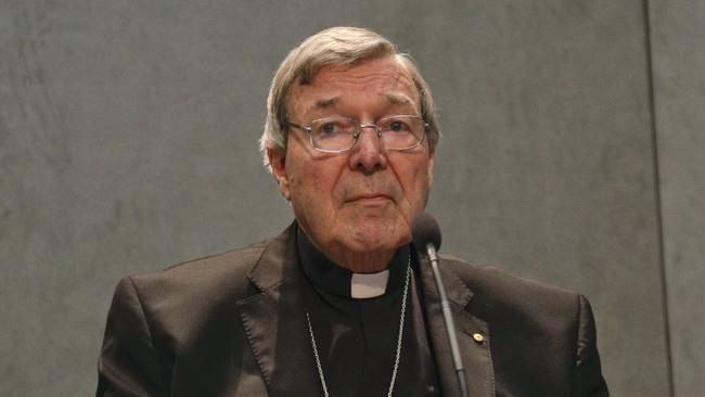 Cardinal George Pell meets with the media at the Vatican in 2017. Picture: AP Photo/Gregorio Borgia