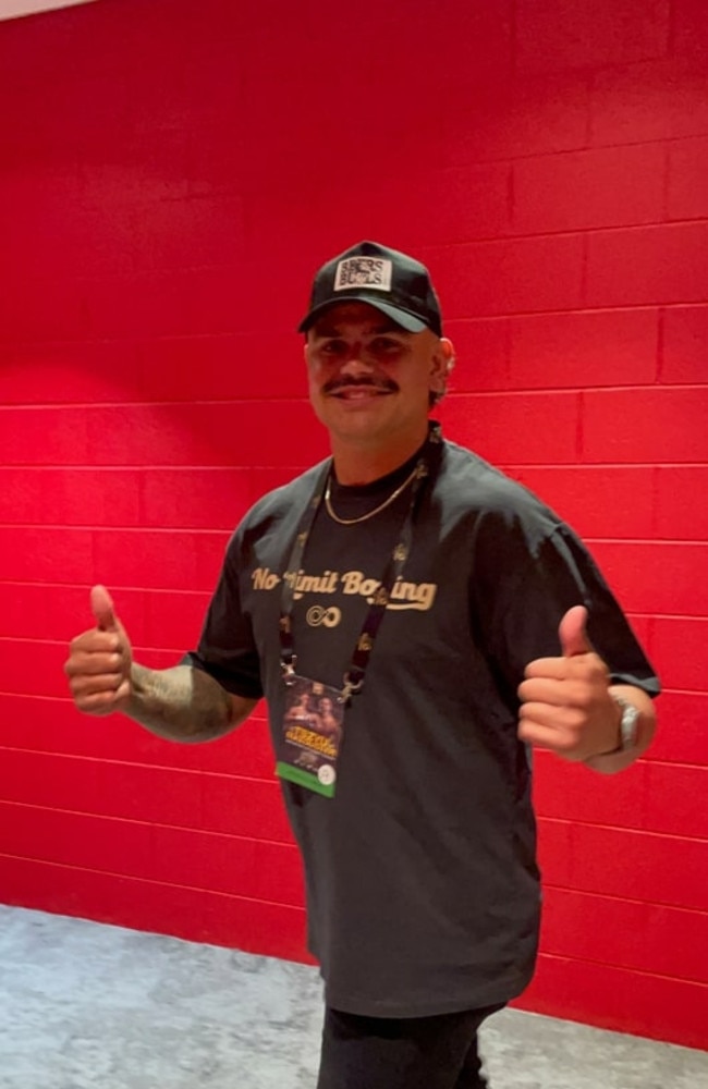 Latrell Mitchell is all smiles when backstage at the Nikita Tszyu v Koen Mazoudier fight on Wednesday night. Picture: Brendan Bradford