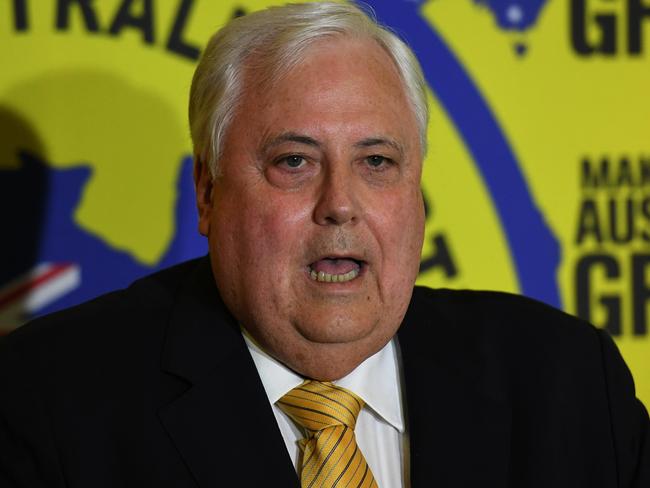 Clive Palmer, leader of the United Australia Party (UAP) reads a statement without taking questions from the media during a press conference in Brisbane, Monday, April 29, 2019. Australians will be voting in the federal election on May 18. (AAP Image/Dan Peled) NO ARCHIVING