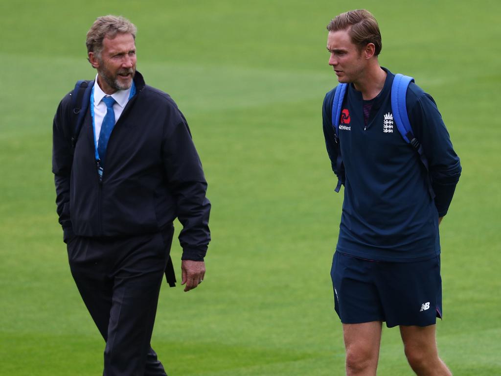 ICC match referee Chris Broad chats with his son Stuart Broad.