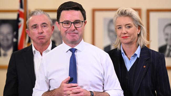 Nationals leader David Littleproud, deputy leader Kevin Hogan and Senate leader Bridget McKenzie. Picture: AAP Image