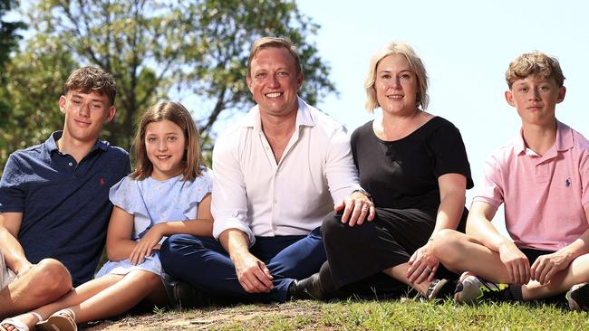 Premier Steven Miles at home with his family including wife Kim and kids Sam, Aidan and Bridie. Picture: Adam Head