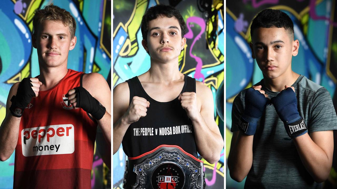 Sunshine Coast boxing talents Callum Hughes, Jackson Thomas and Christian Davis. Pictures: Patrick Woods.