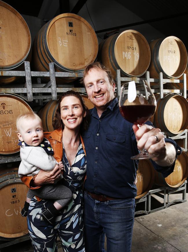 Winemaker Nick Glaetzer with wife Sally and 10-month-old daughter June. Picture: ZAK SIMMONDS