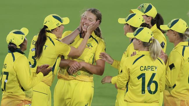 Darcie Brown celebrates an Ashes wicket with her teammates. She has been a revelation in women’s cricket. Picture: Mark Evans