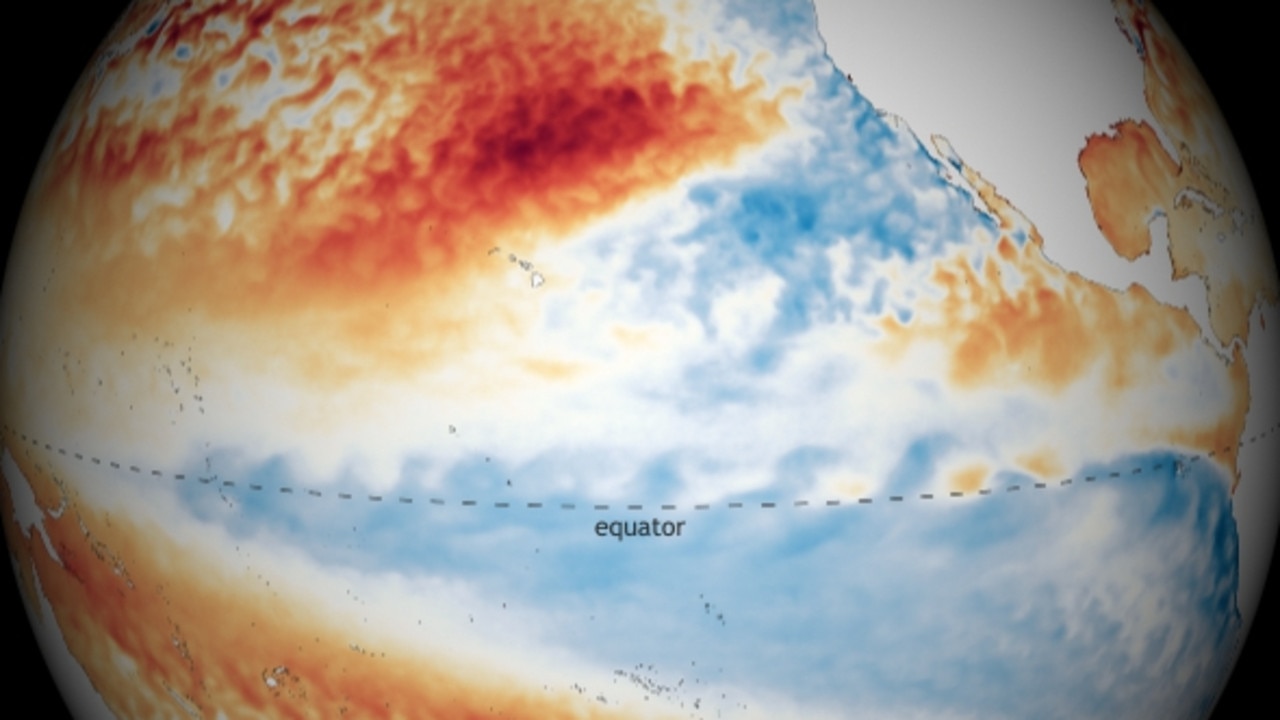 Colder waters in the Pacific Ocean (above in blue) continue to persist, meaning La Nina-like conditions are likely to remain. Picture: NOAA.