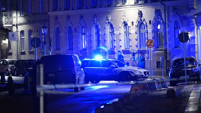 Police at a synagogue after it was attacked in a failed arson attempt in Gothenburg, Sweden. Picture: Adam Ihse