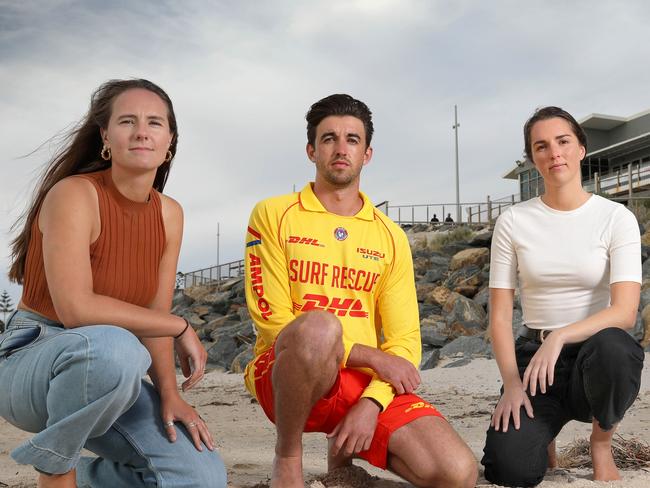 Three people who saved the two women from drowning at Waitpinga beach on Saturday. 26yo Cameron Burfield, surf life saver at Somerton SLSC  (0435 276 502)(L)25yo Bonnie Armour,  Seacliff surf lifesaver (0418 816 651) 25yo Ella Langford, a pool lifeguard (0488 943 354) 18 January 2022. Picture Dean Martin