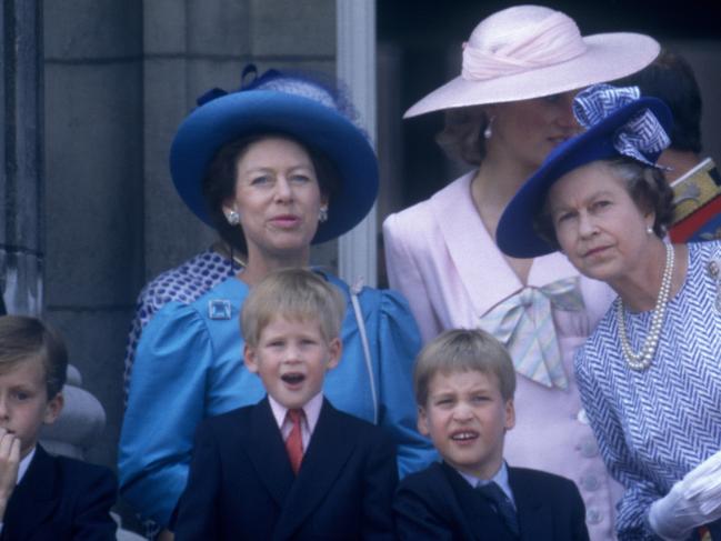 The Queen with Prince William, Prince Harry, Princess Margaret, and Princess Diana at Trooping the Colour in 1989. Picture: Getty Images