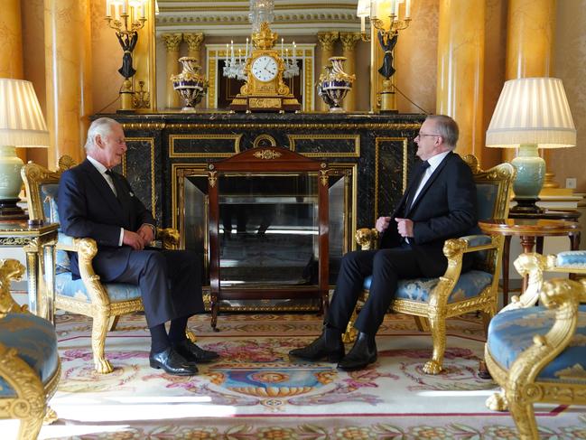 King Charles III speaks with Anthony Albanese at a private meeting. (Photo by Stefan Rousseau – WPA Pool/Getty Images)