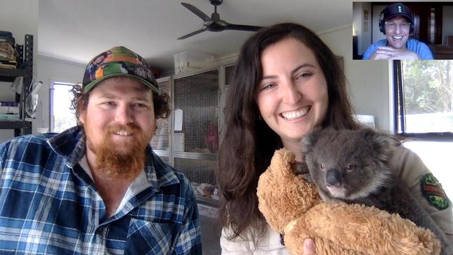 Sam and Dana from Kangaroo Island Wildlife Park during their call with actor Matthew McConaughey. Picture: Supplied