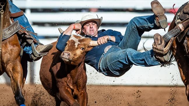 Pinegrove VIC cowboy Terry Evison at the Mount Isa Rodeo with a 1st go-round 6.95sec run to make the short-go. Picture: Stephen Mowbray.